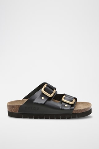 Mules com plataforma em couro - Preto