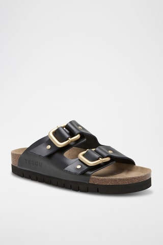 Mules com plataforma em couro - Preto