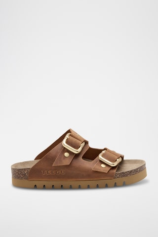 Mules com plataforma em couro - Castanho