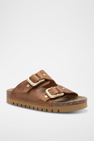 Mules com plataforma em couro - Castanho