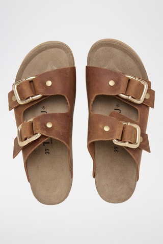 Mules com plataforma em couro - Castanho