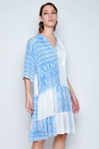 Vestido com folhos - Azul - Branco e azul