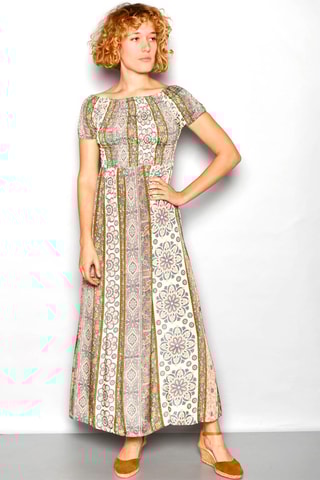 Vestido comprido Rosa-claro e caqui - Branco, verde, laranja e rosa