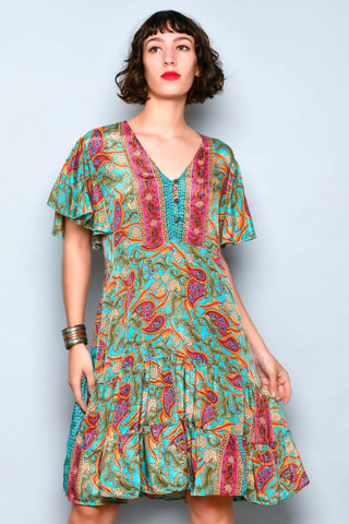 Vestido estilo patinadora Turquesa e caqui - Azul, verde, laranja e rosa