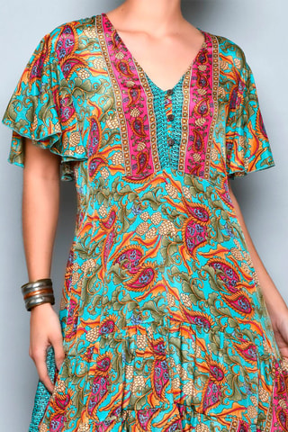 Vestido estilo patinadora Turquesa e caqui - Azul, verde, laranja e rosa