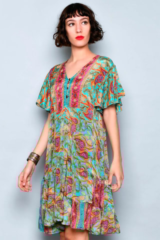 Vestido estilo patinadora Turquesa e caqui - Azul, verde, laranja e rosa