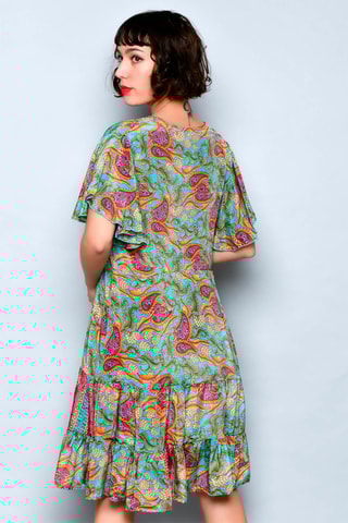 Vestido estilo patinadora Turquesa e caqui - Azul, verde, laranja e rosa