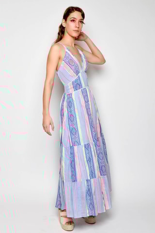 Vestido comprido - Azul e rosa - Branco, azul e rosa