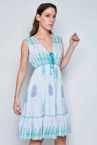 Vestido com folhos sem mangas - Branco - Branco e azul