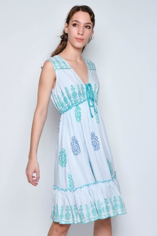 Vestido com folhos sem mangas - Branco - Branco e azul