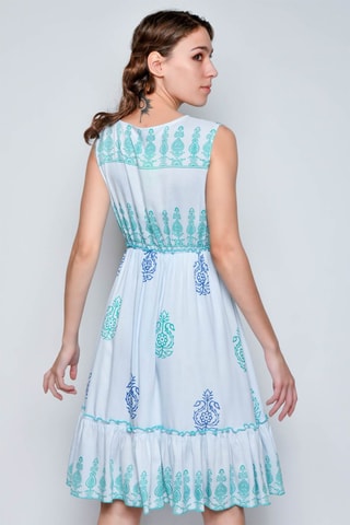 Vestido com folhos sem mangas - Branco - Branco e azul