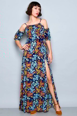 Vestido comprido Azul-marinho - Azul, amarelo e laranja