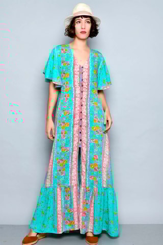 Vestido-camisa Turquesa e rosa - Branco, azul, amarelo e rosa