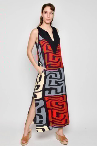 Vestido comprido - Preto e vermelho - Preto, bege, vermelho e cinzento