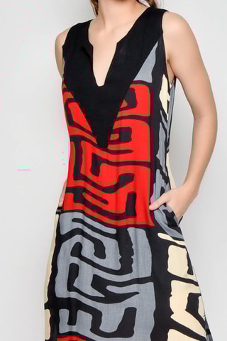 Vestido comprido - Preto e vermelho - Preto, bege, vermelho e cinzento