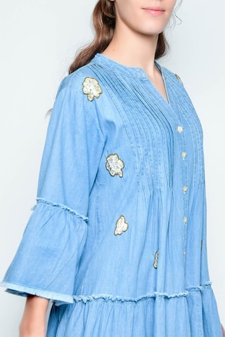 Vestido com folhos - Azul - 