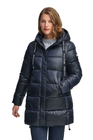 Lange gewatteerde jas met capuchon - Blauw