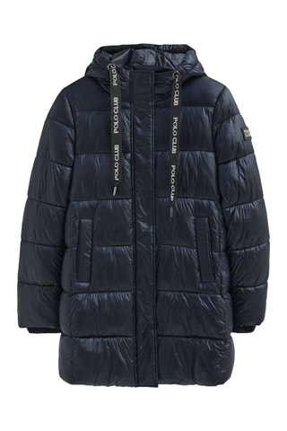 Lange gewatteerde jas met capuchon - Blauw