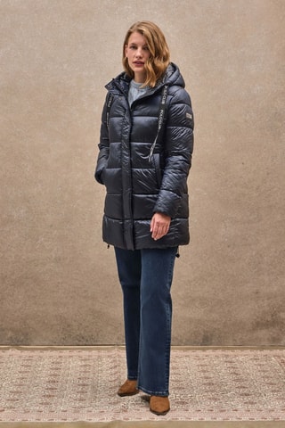 Lange gewatteerde jas met capuchon - Blauw