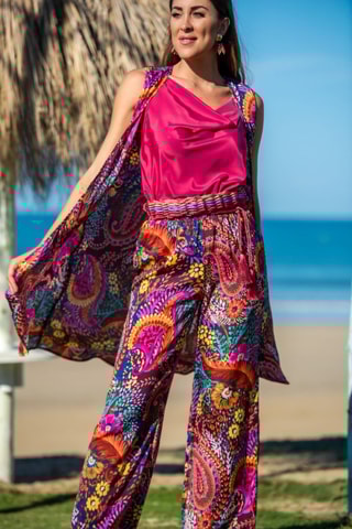 Pantaloni in seta - Fucsia