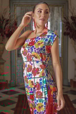 Abito asimmetrico - Beige e rosso