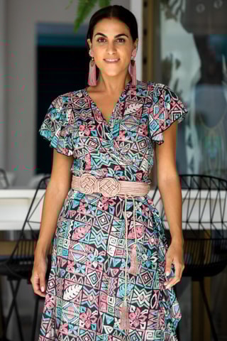 Robe longue en soie - Noir et rose