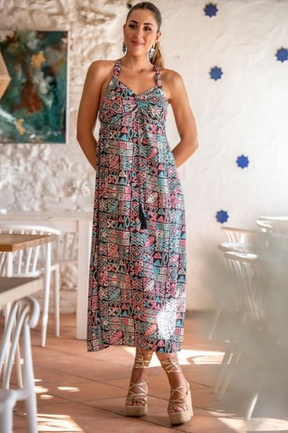 Abito midi in seta - Nero e rosa