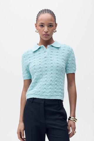 Pull-over crochet col polo - Turquoise