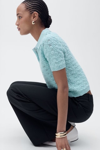 Pull-over crochet col polo - Turquoise