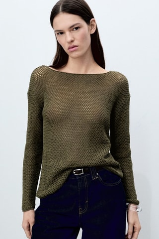 Pull col bateau en maille ajourée - Kaki