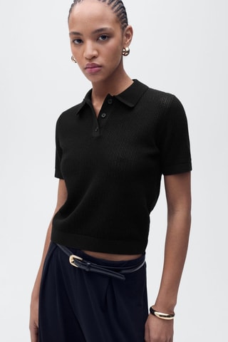 Pull-over maille ajourée col polo - Noir