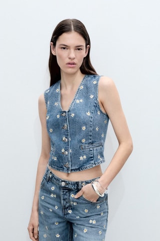 Gilet crop broderie à fleurs - Bleu