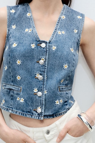 Gilet crop broderie à fleurs - Bleu