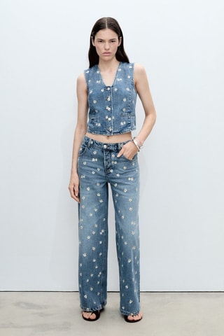 Gilet crop broderie à fleurs - Bleu