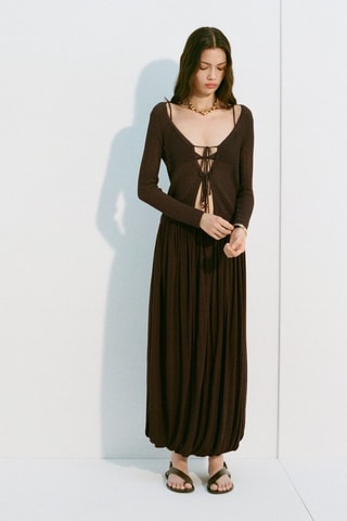 Cardigã de malha canelada com laços - Chocolate