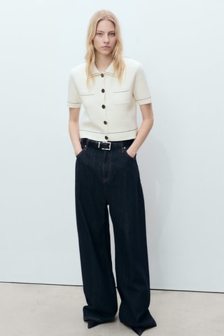 Cardigan crop liserés contrastés - Ecru