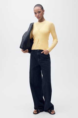 Cardigan maille côtelée col V - Jaune