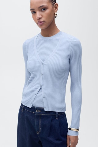 Cardigan maille côtelée col V - Bleu ciel