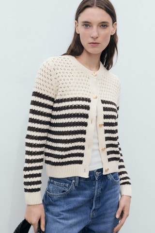 Cardigan maille ajourée rayures - Marron