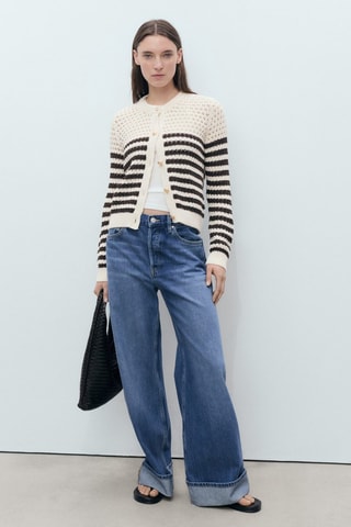 Cardigan maille ajourée rayures - Marron