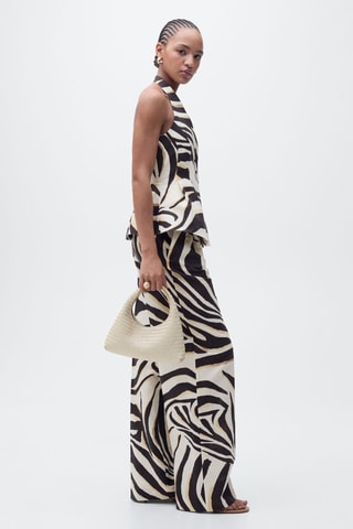 Pantalon lin wideleg zèbre - Beige