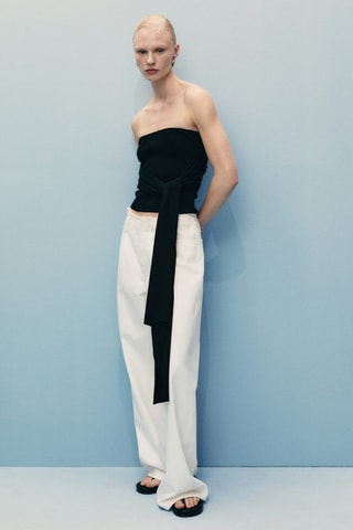 Pantalon en denim wideleg taille effilochée - Ecru