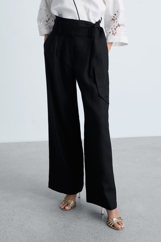 Pantalon lin rayures contrastées - Noir