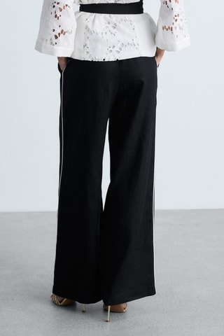 Pantalon lin rayures contrastées - Noir