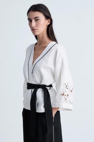 Pantalon lin rayures contrastées - Noir