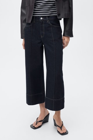 Jeans wideleg cropped com costuras - Azul