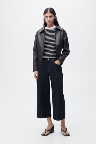 Jeans wideleg cropped com costuras - Azul