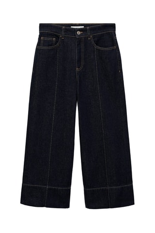 Jeans wideleg cropped com costuras - Azul