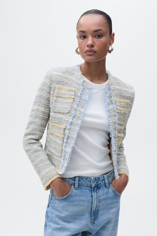 Veste tweed bords effilochés - Bleu ciel