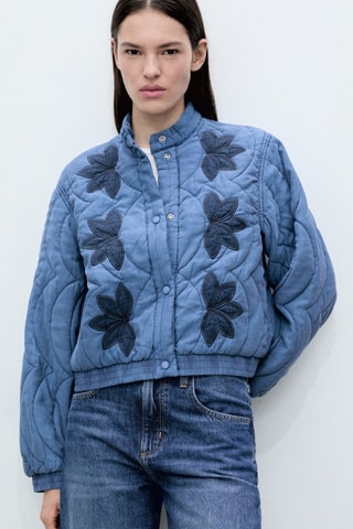 Veste matelassée broderie à fleurs - Bleu